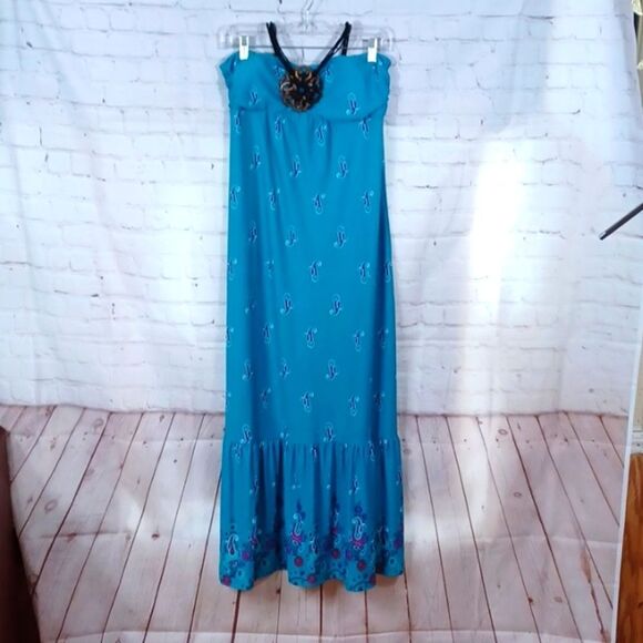 Ester Women's Maxi Blue Floral Sun Dress L Strapless L - Picture 1 of 9